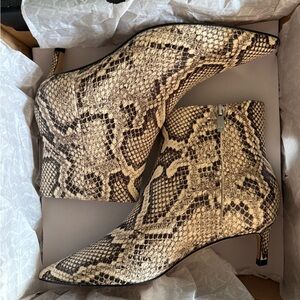 Marc Fisher Itzia Snake-Print Pointed Ankle Booties in Beige and Black